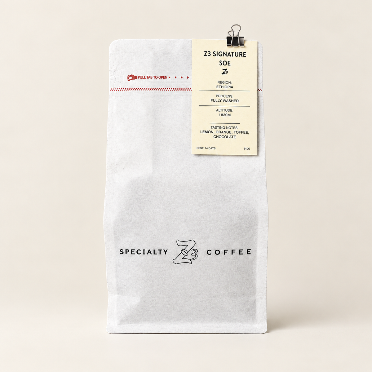 Z3 Blend full coffee bag on a square light beige background